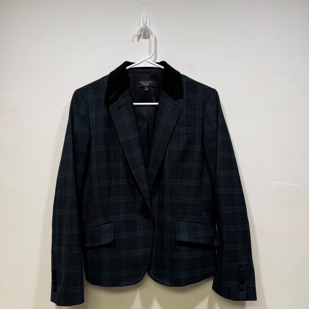 Talbots Black Watch Plaid Wool Blend Blazer Velvet Trim Navy Green Petite‎ 12P